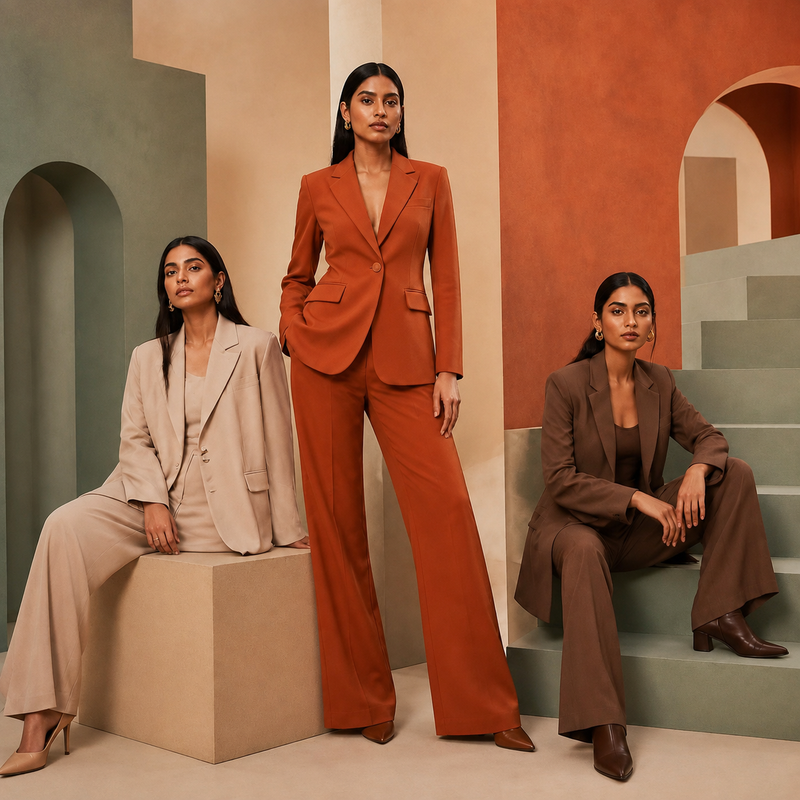 Riwayat Wear Women's Fashion Collection featuring elegant women's suits in beige, rust, and brown colors with modern, premium-quality designs.