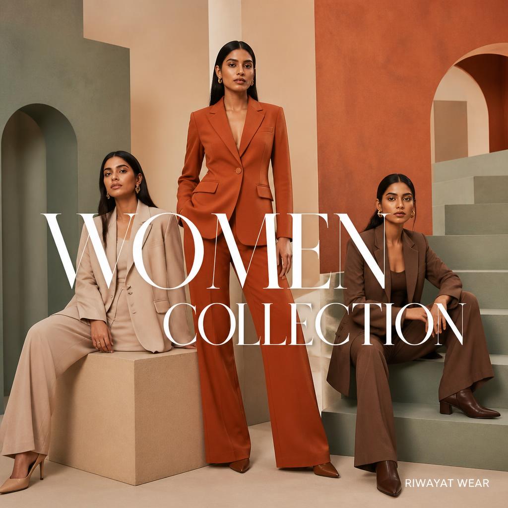 Riwayat Wear Women's Fashion Collection featuring elegant women's suits in beige, rust, and brown colors with modern, premium-quality designs.