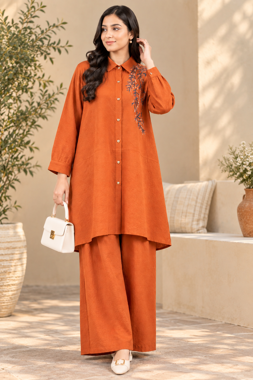 Floral Embroidered Button-Down Co-Ord Set for Women