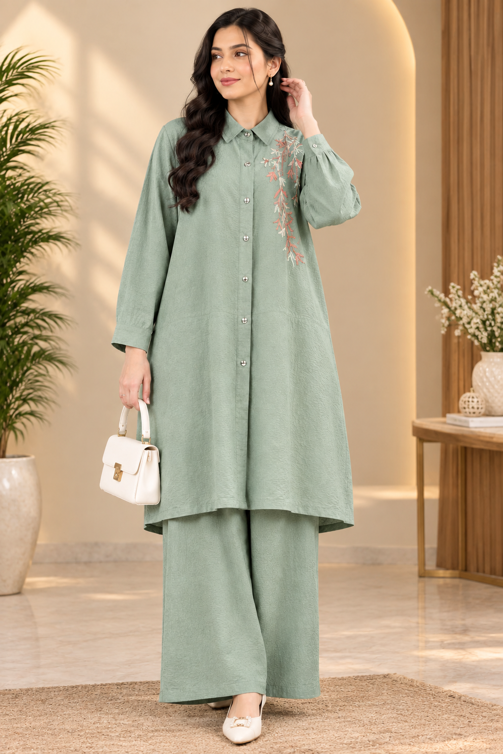 Floral Embroidered Button-Down Co-Ord Set for Women