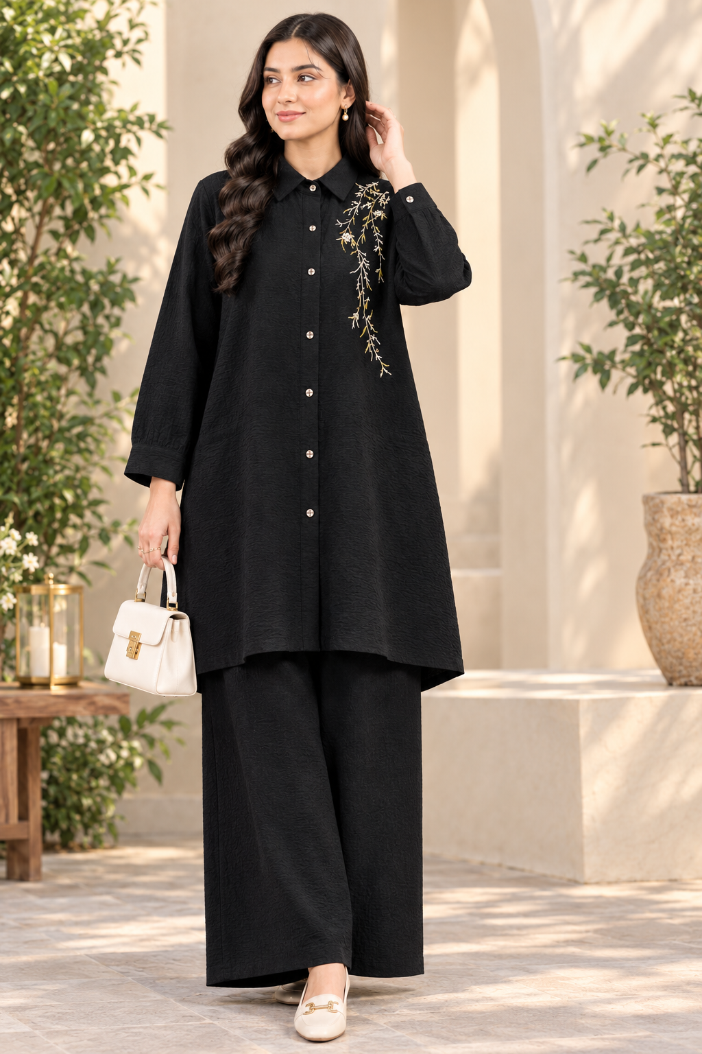 Floral Embroidered Button-Down Co-Ord Set for Women