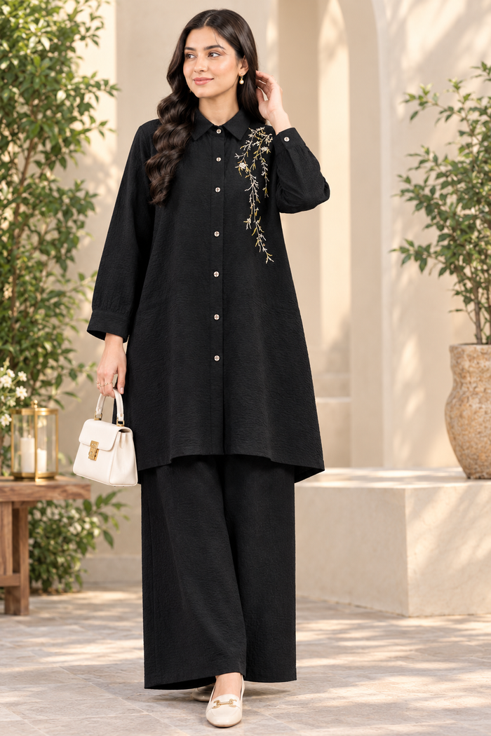 Floral Embroidered Button-Down Co-Ord Set for Women