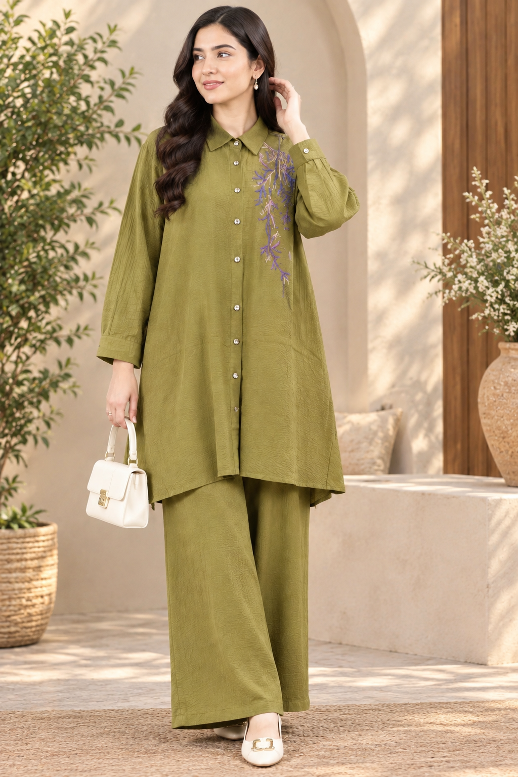 Floral Embroidered Button-Down Co-Ord Set for Women