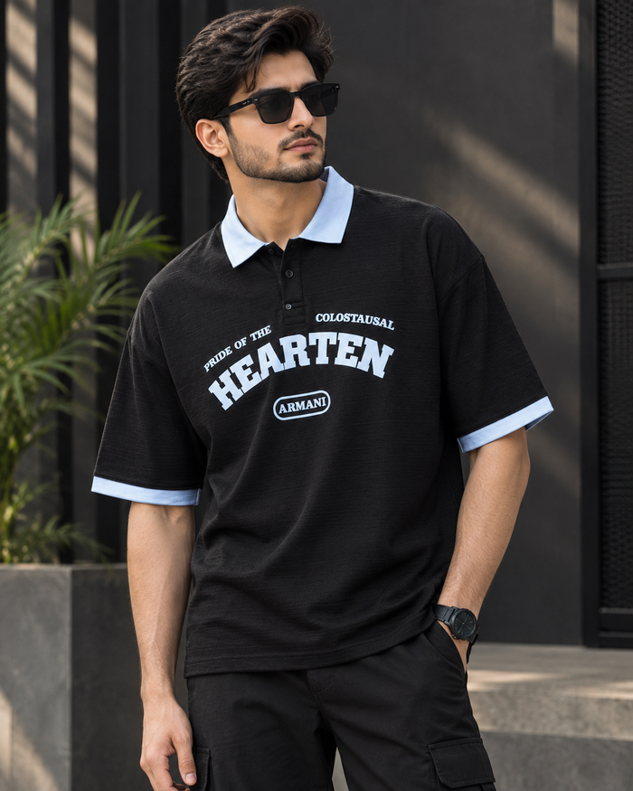 Hearten Embossed Printed Polo Drop-Shoulder T-Shirt