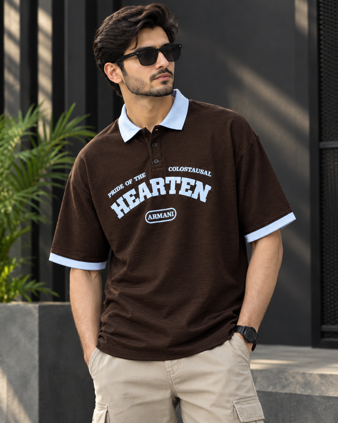 Hearten Embossed Printed Polo Drop-Shoulder T-Shirt