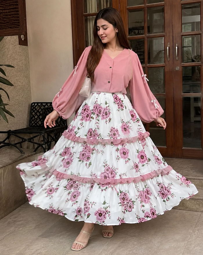 Floral Printed Skirt & Top 2PC Set – Elegant Georgette Outfit