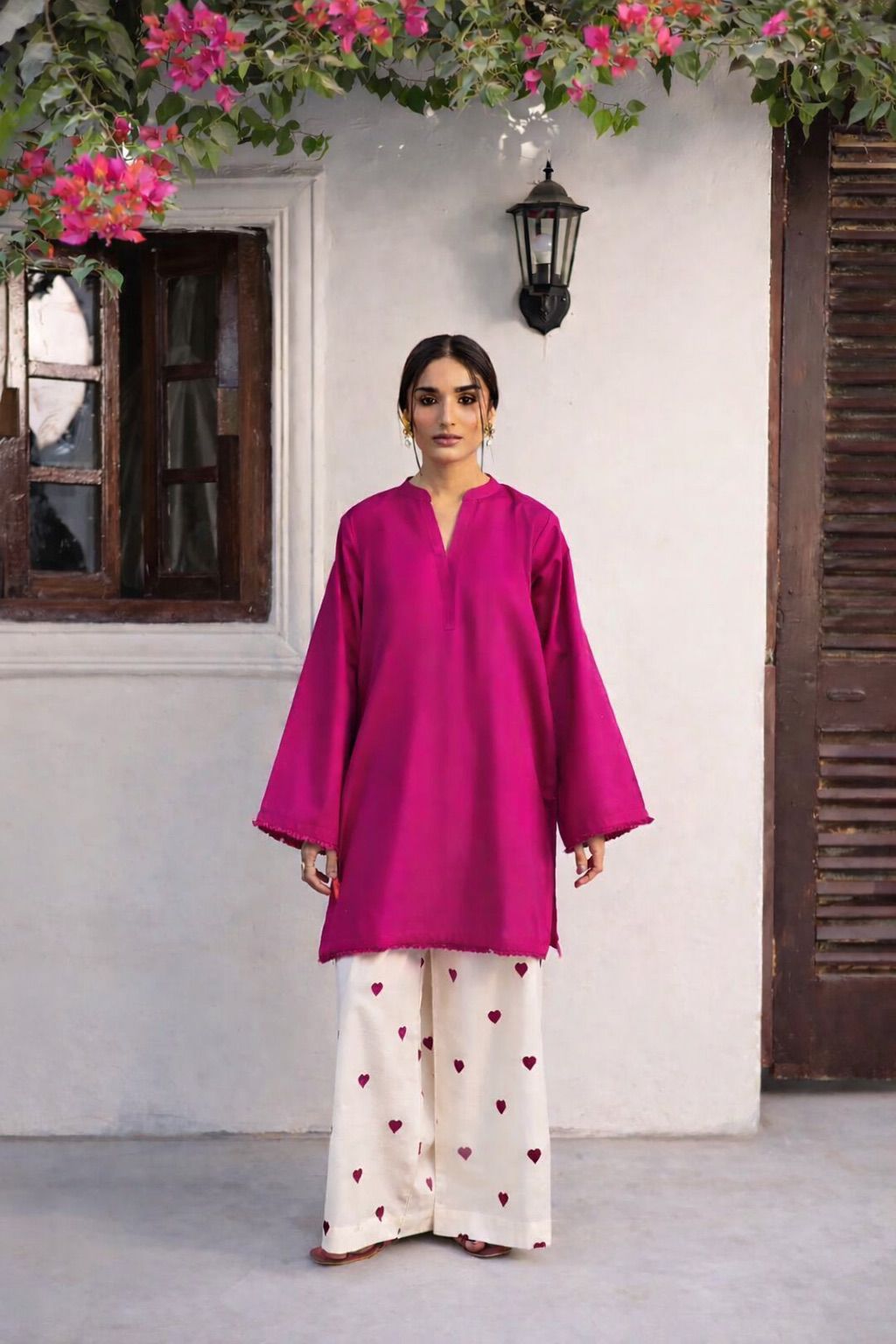 2PC Linen Heart Printed Dress for Women – V Neck Shirt with Flapper (Casual Summer Wear 2026)
