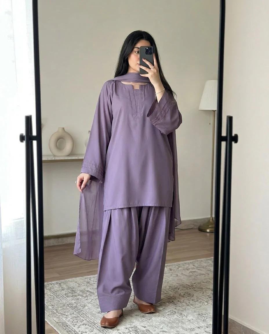 Plain Georgette Farshi Shalwar 3PC Suit for Women